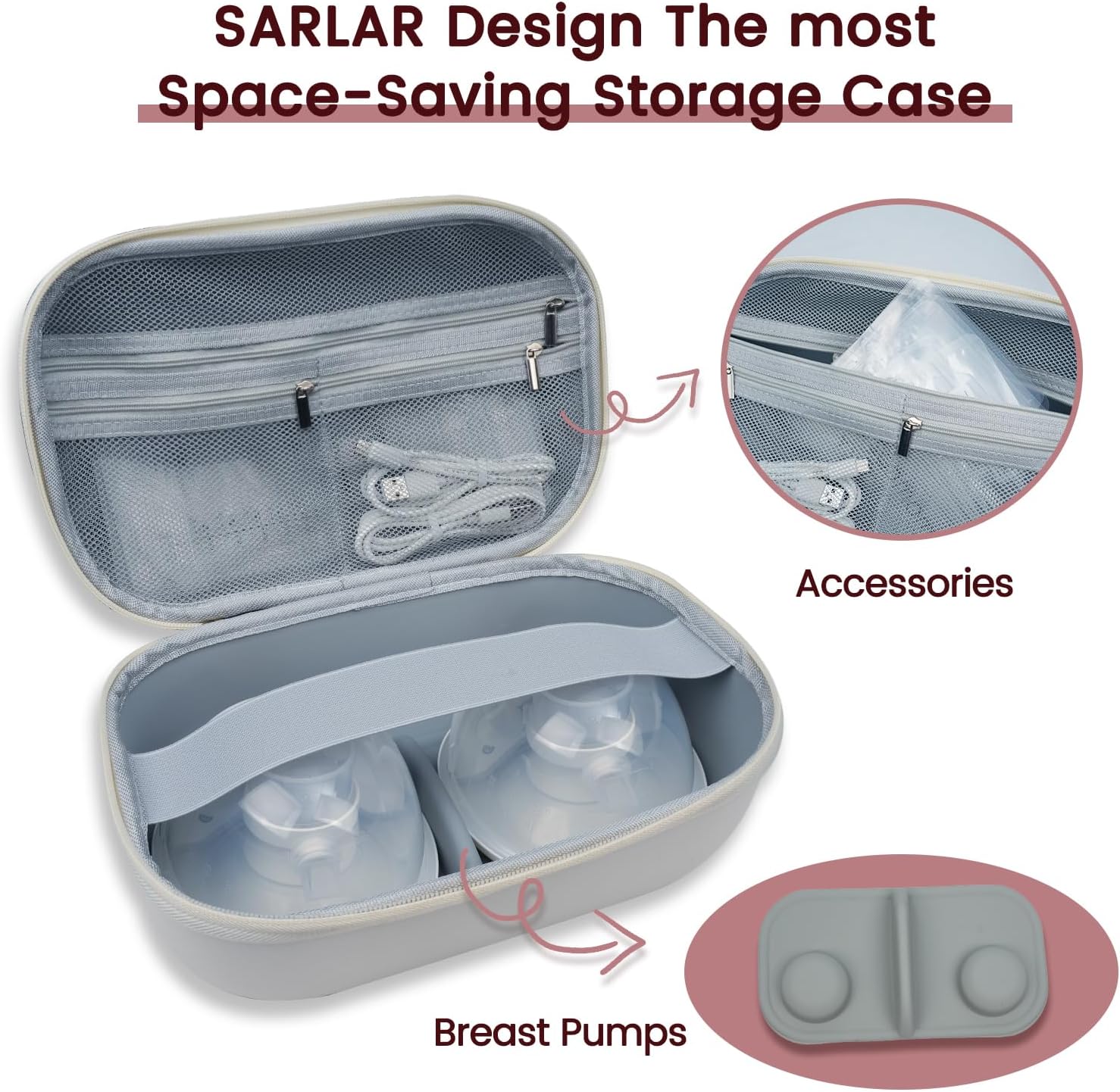 Sarlar Breast Pump Bag Carrying Case for Momcozy & Willow, Use with Hands Free Wearable Breast Pumps for Security/Medela/eufy/Bluefair, Travel Pumping Bag with Nipple Ruler & Removable Tray(Holds 2)